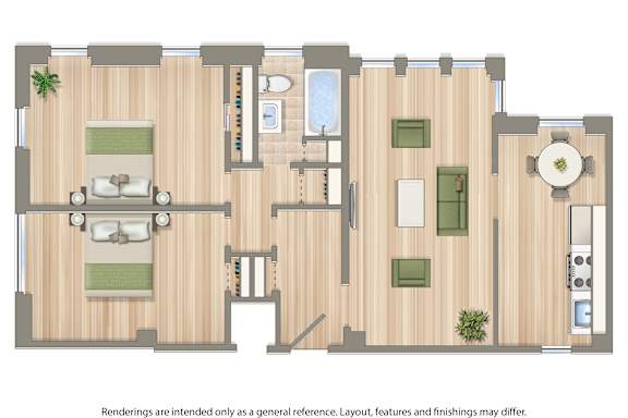 A floor plan of a house with a kitchen, living room, and bathroom.