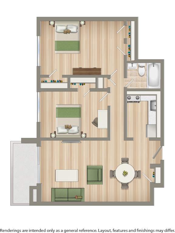 A floor plan of a house with a kitchen, living room, and two bedrooms.