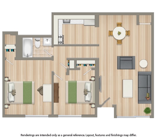 2 bedroom apartment floor plan rendering at washington view apartments in washington dc