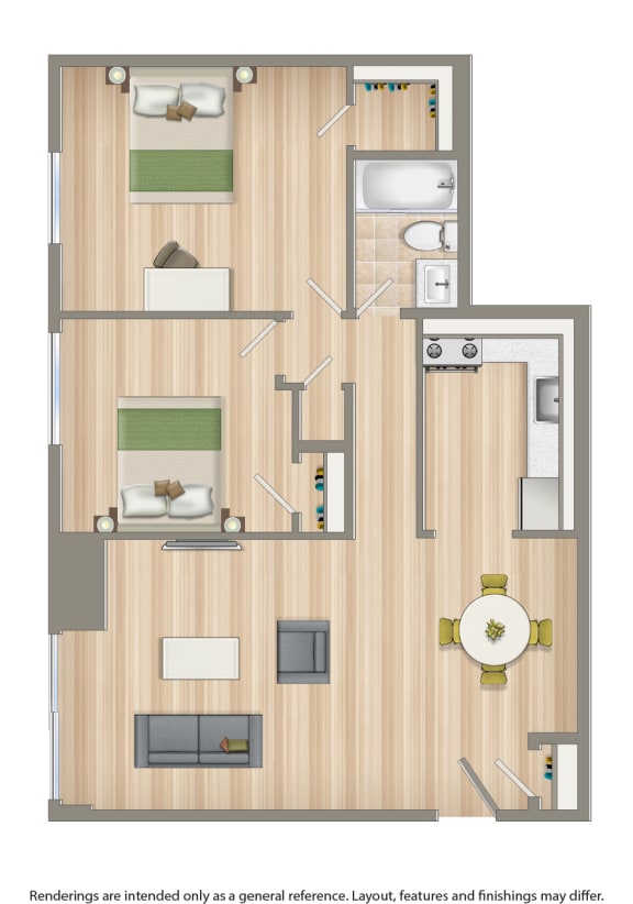 2 bedroom apartment floor plan rendering at washington view apartments in washington dc