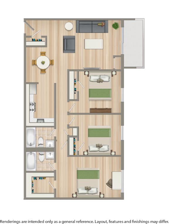 A floor plan of a house with a kitchen, living room, dining room, and three bedrooms.