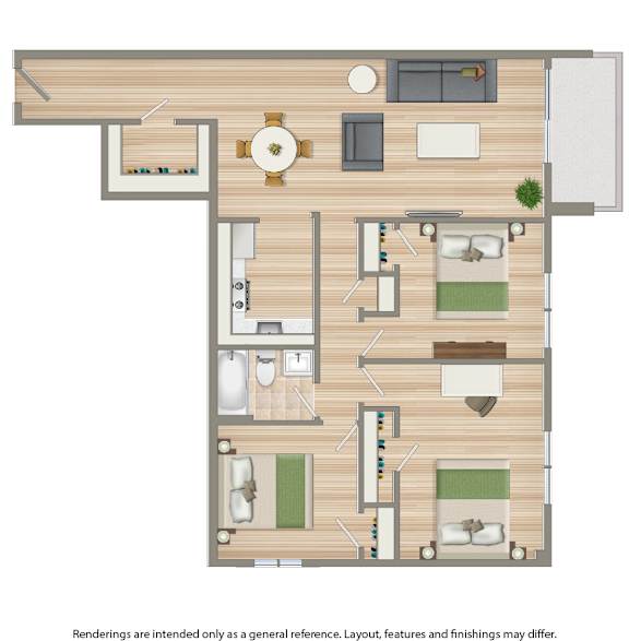 A floor plan of a house with a kitchen, living room, and two bedrooms.