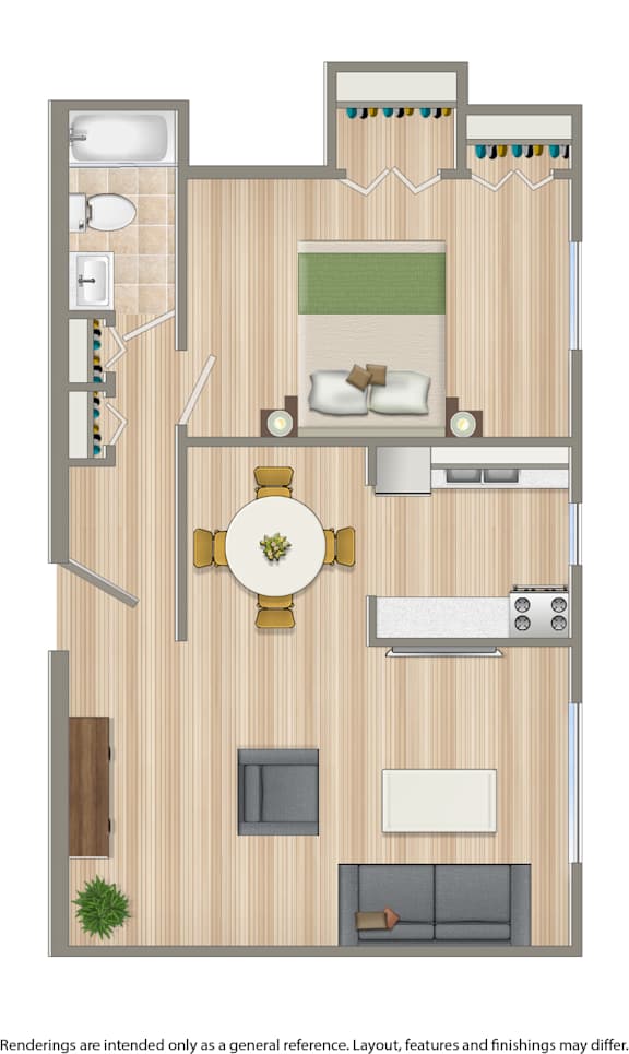 A floor plan of a small apartment with a bedroom, living room, and kitchen.