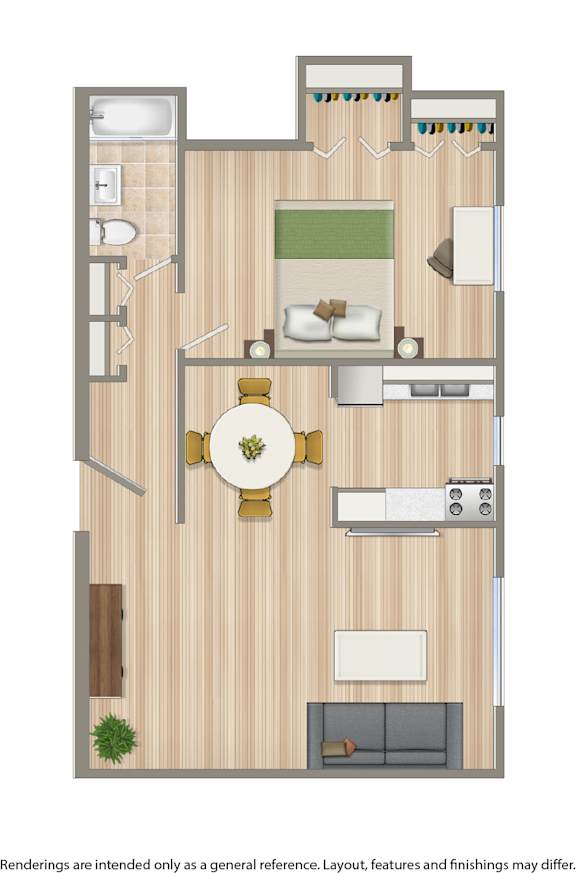 A floor plan of a house with a living room, dining room, kitchen, and two bedrooms.
