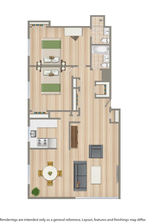 A floor plan of a house with a living room, dining room, kitchen, and two bedrooms.