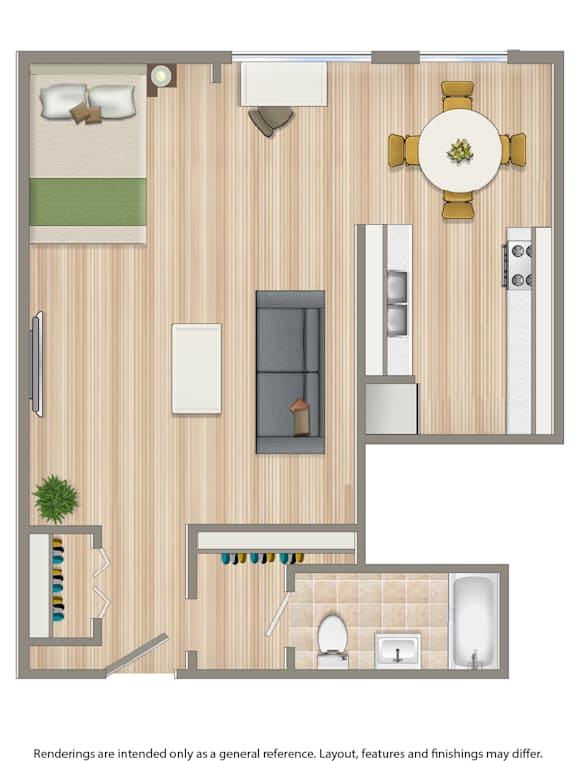 A floor plan of a house with a kitchen, living room, and bathroom.