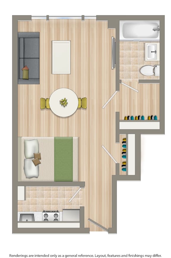 A floor plan of a room with a dining table, a couch, a bed, and a bathroom.