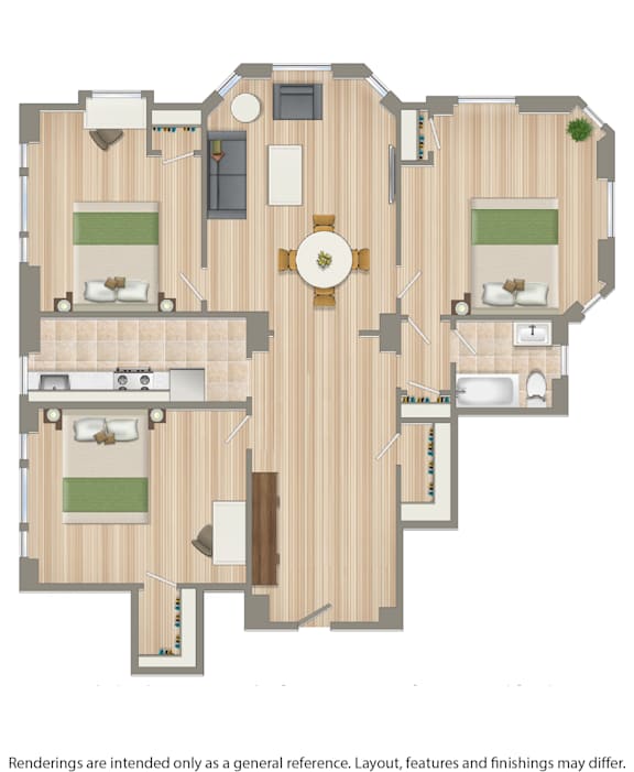 A floor plan of a house with a kitchen, living room, and two bedrooms.