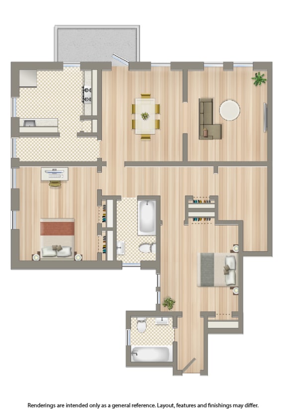 two bedroom two bathroom floor plan at the cortland apartments in washington dc