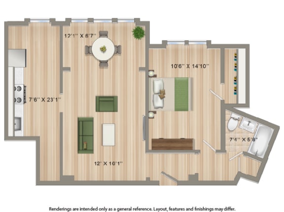 1 bedroom floor plan rendering at the dahila apartments in takoma washington dc