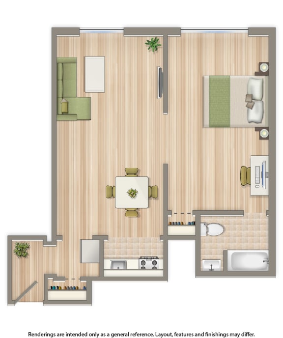 dupont apartments one bedroom floor plan rendering