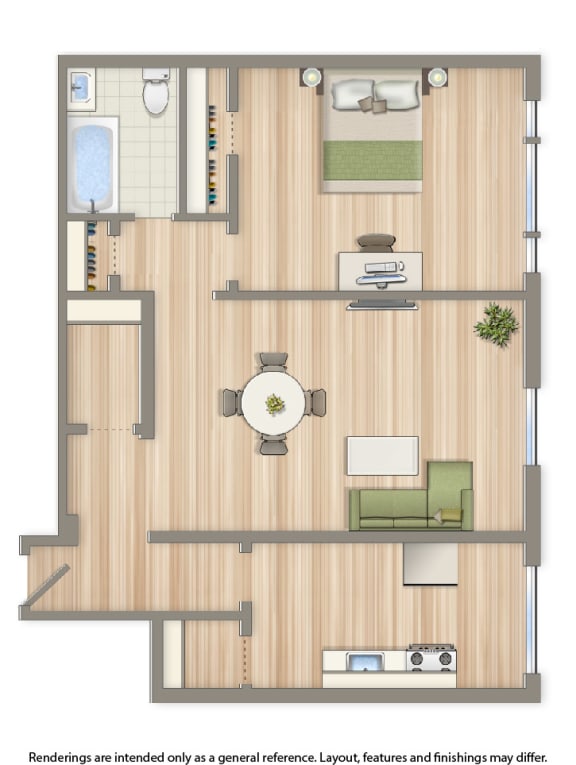 dupont apartments one bedroom floor plan rendering