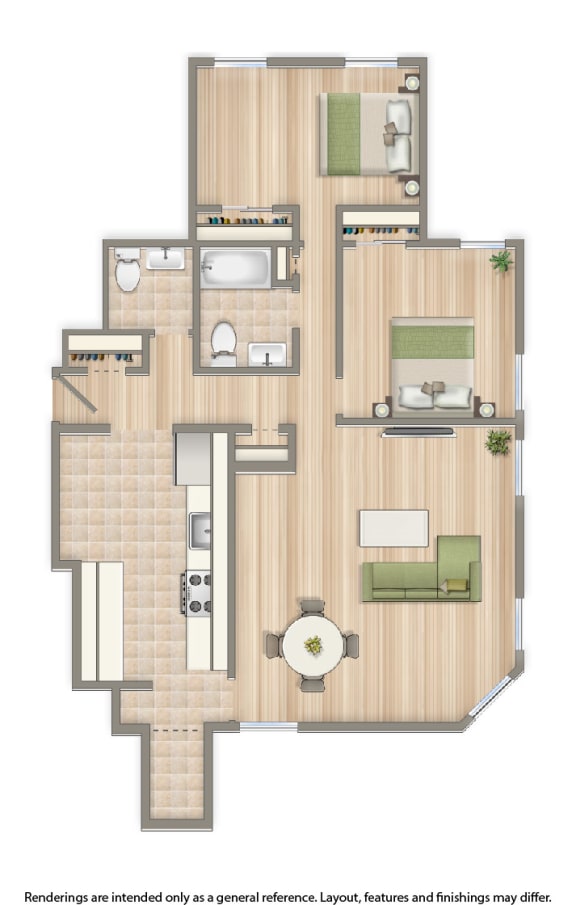 dupont two bedroom floor plan rendering