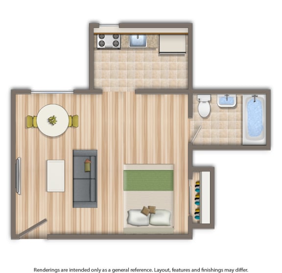 studio apartment floor plan rendering at dupont apartments in washington dc