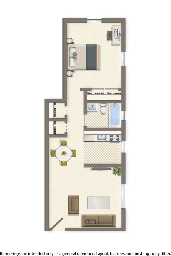 1 bedroom apartment floor plan rendering at garden village community in washington dc