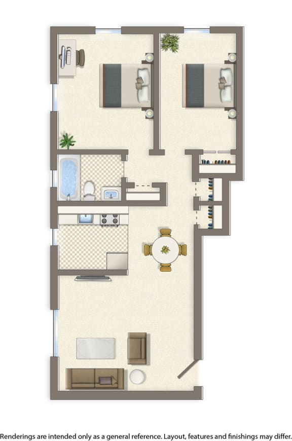 2 bedroom apartment floor plan rendering at garden village apartments in washington dc
