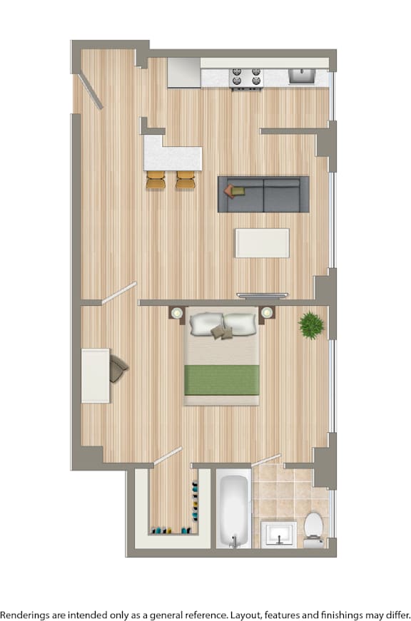 A floor plan of a house with a living room, kitchen, and bathroom.