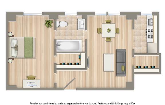 A floor plan of a house with a kitchen, living room, dining room, and bathroom.
