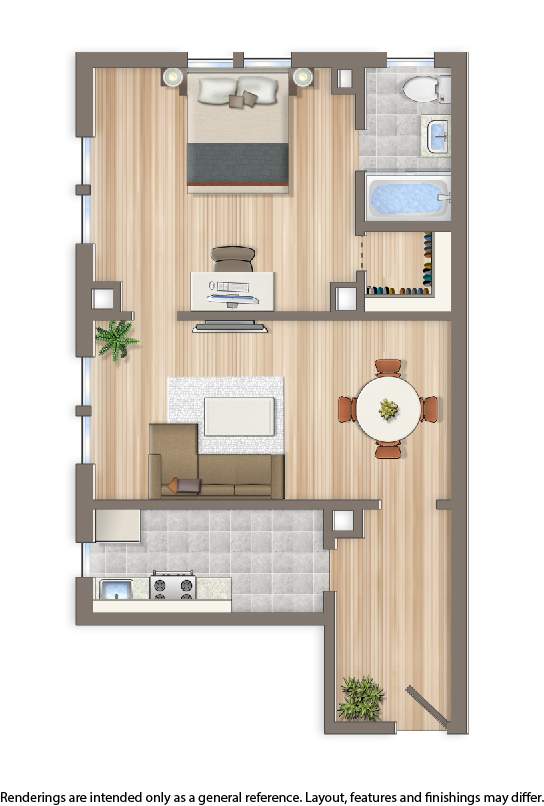 A floor plan of a house with a kitchen, living room, and bathroom.