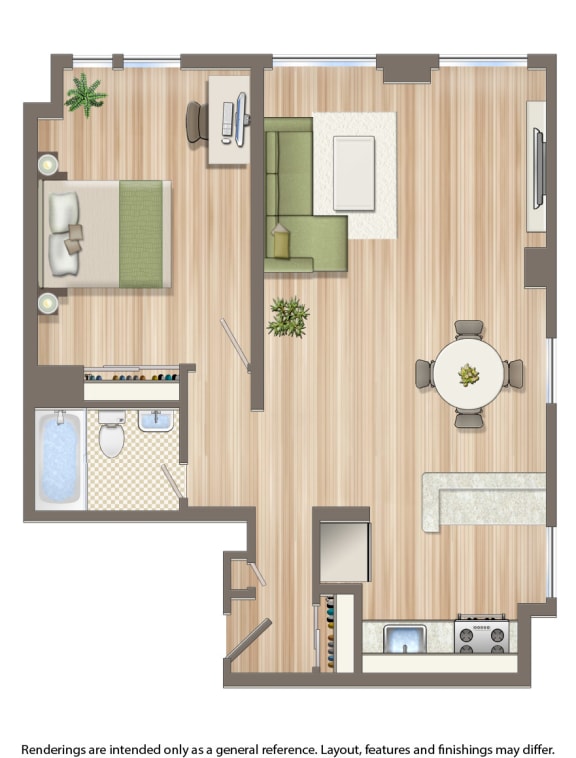 hilltop house one bedroom apartment floor plan rendering