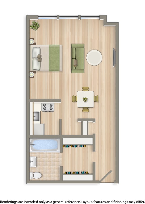 studio apartment floor plan rendering at hilltop house apartments in washington dc