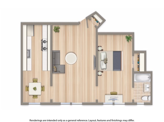klingle one bedroom apartment floor plan rendering