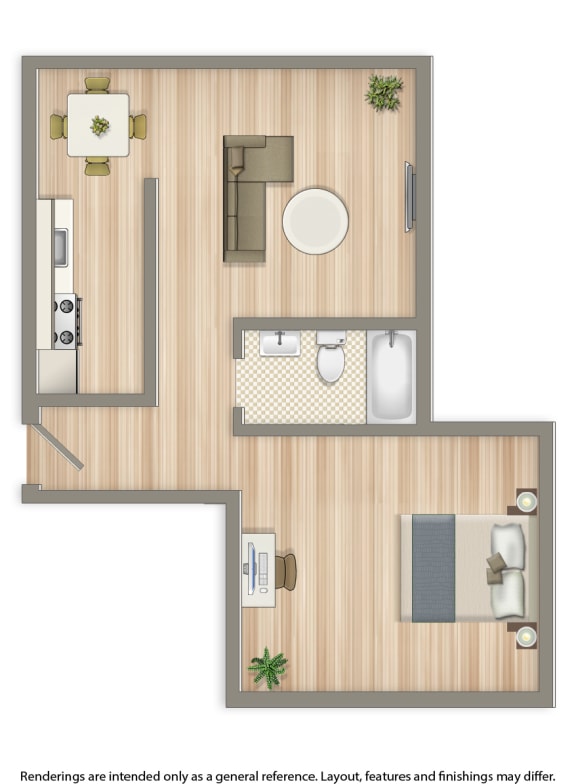 meridian park one bedroom apartment floor plan rendering