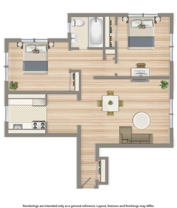 meridian park two bedroom floor plan rendering