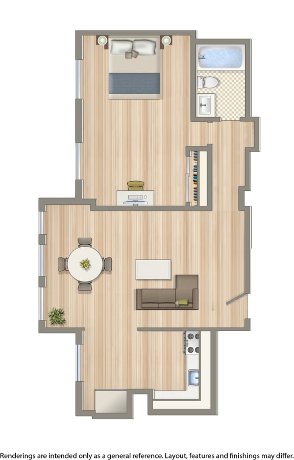 norwood one bedroom apartment floor plan rendering