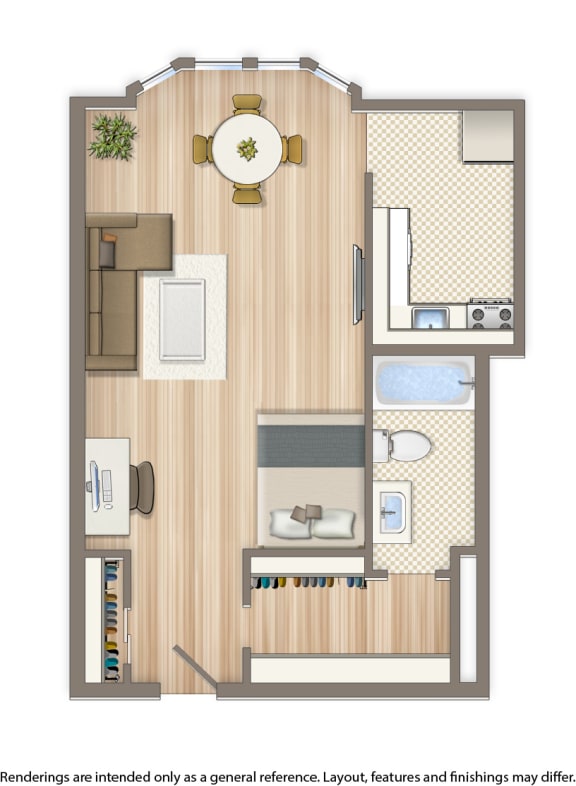 norwood studio apartment floor plan rendering