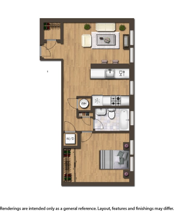 the oaks apartments one bedroom floor plan rendering