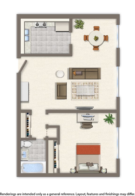 penn view one bedroom apartment floor plan rendering