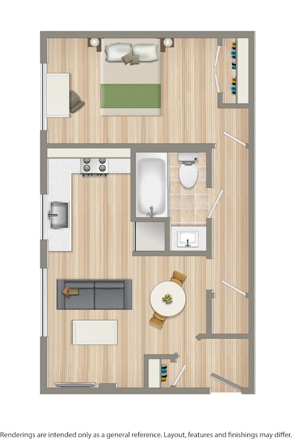 A floor plan of a small apartment with a kitchen, living room, and bathroom.