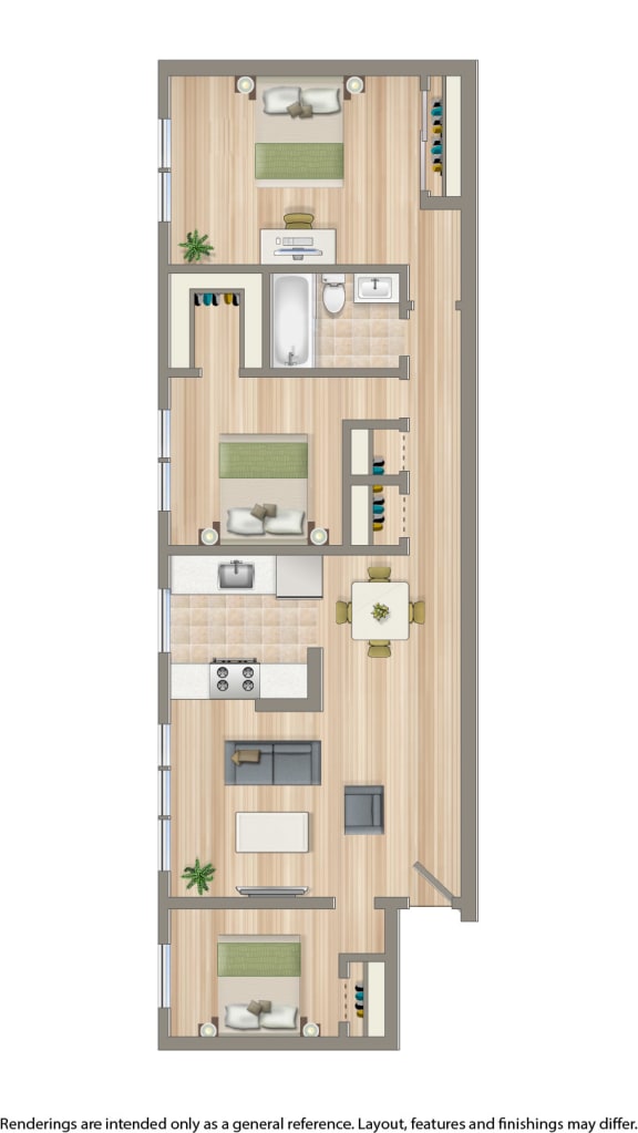t street apartments three bedroom floor plan rendering