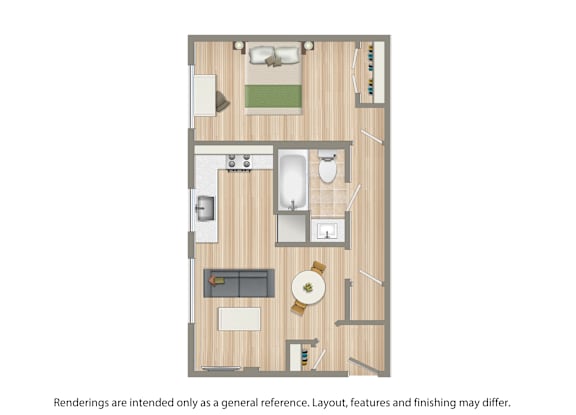A floor plan of a house with a kitchen, living room, and bathroom.