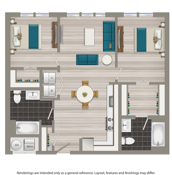 a floor plan of a room with furniture and a clock