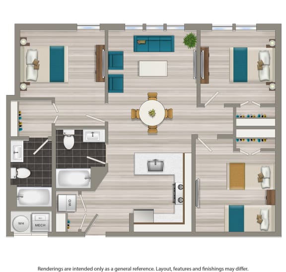 3 bedroom apartment floor plan rendering at terrace manor apartments in washington dc