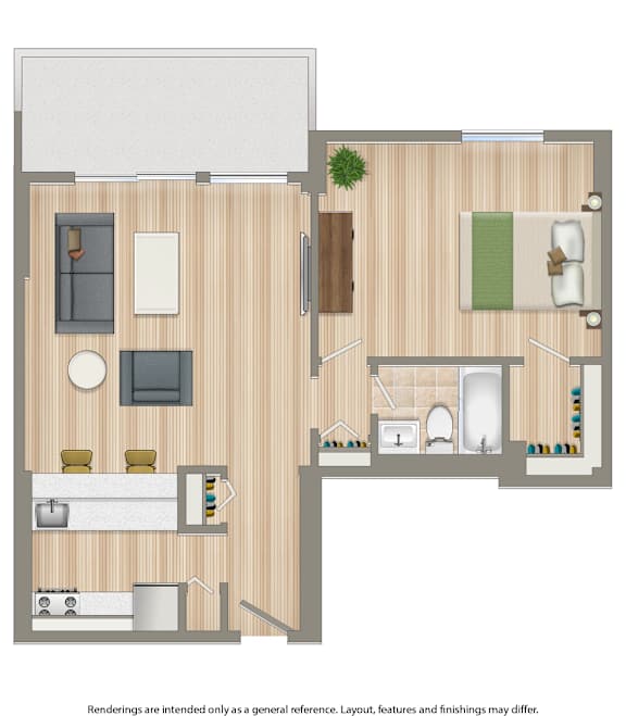 A floor plan of a house with a kitchen, living room, and bathroom.