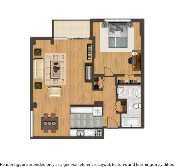 one bedroom apartment floor plan rendering of twin oaks apartments in washington dc