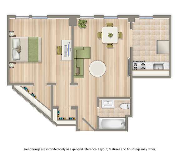 A floor plan of a house with a living room, dining room, kitchen, and bathrooms.