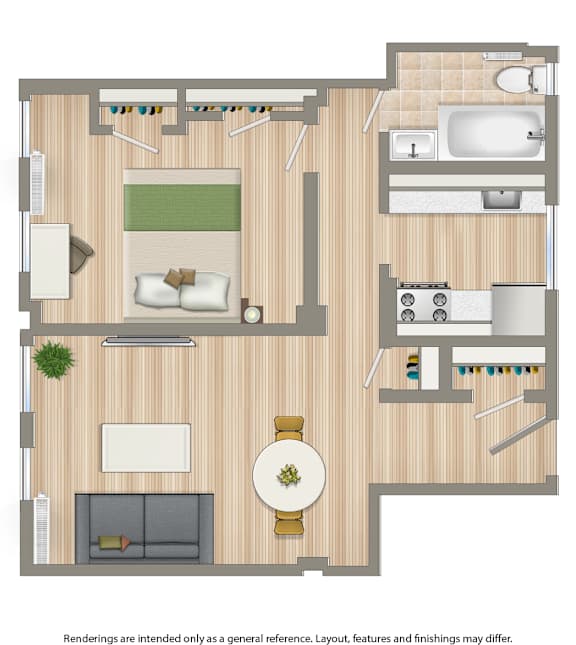 A floor plan of a house with a living room, dining room, kitchen, and bathroom.