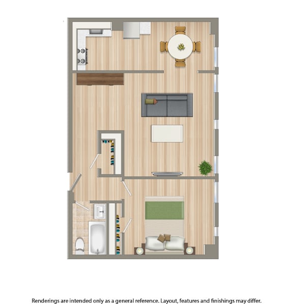 A floor plan of a room with a dining table, couch, and kitchen area.