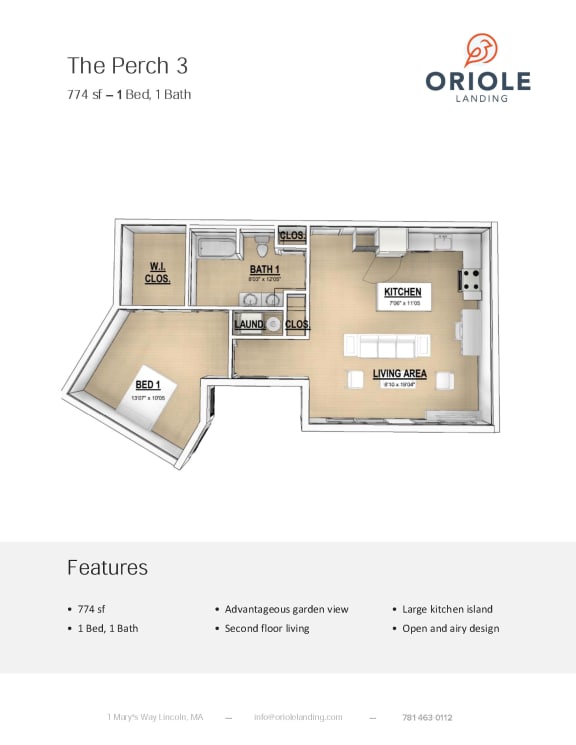 1 bedroom 1 bathroom floor plan at Oriole Landing, Lincoln, MA, 01773