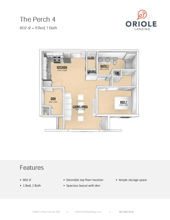 1 bedroom 1 bathroom floor plan B at Oriole Landing, Lincoln, 01773