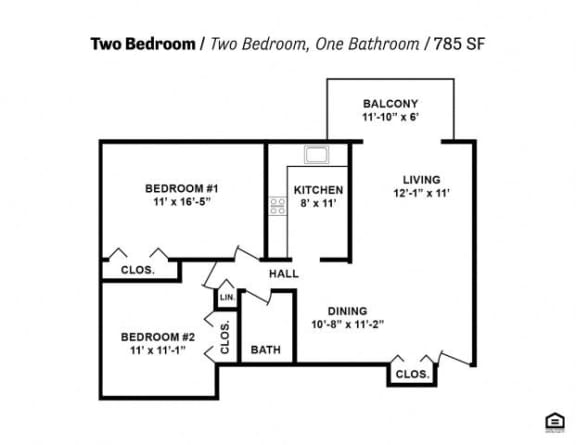 a floor plan with two bedrooms and one bathroom