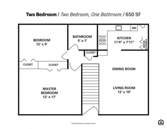 a floor plan with two bedrooms and one bathroom and a living room