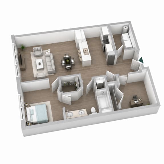 A 3D floor plan of a house with a kitchen, living room, dining room, and bathroom.