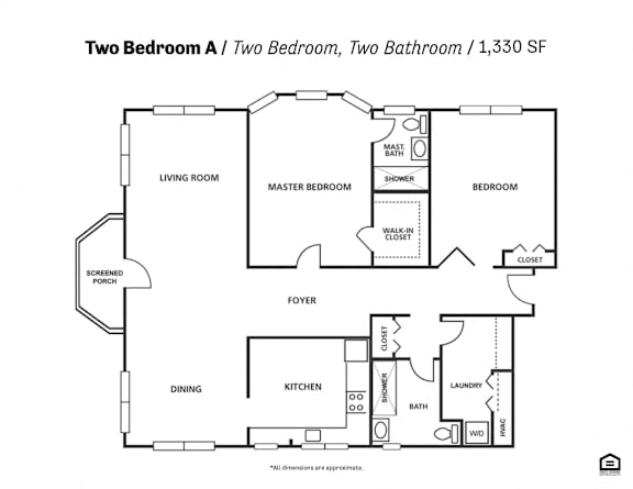 A floor plan of a two bedroom apartment with a living room, dining room, kitchen, and bathroom.