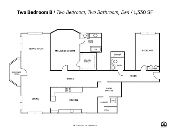 A floor plan of a two bedroom, two bathroom apartment with den.