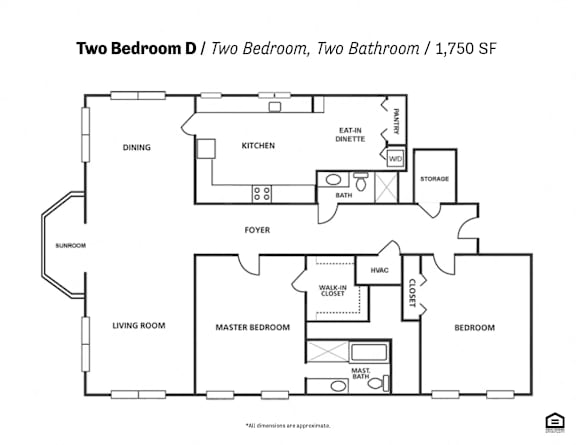 A floor plan of a two bedroom, two bathroom apartment with a living room and a kitchen.